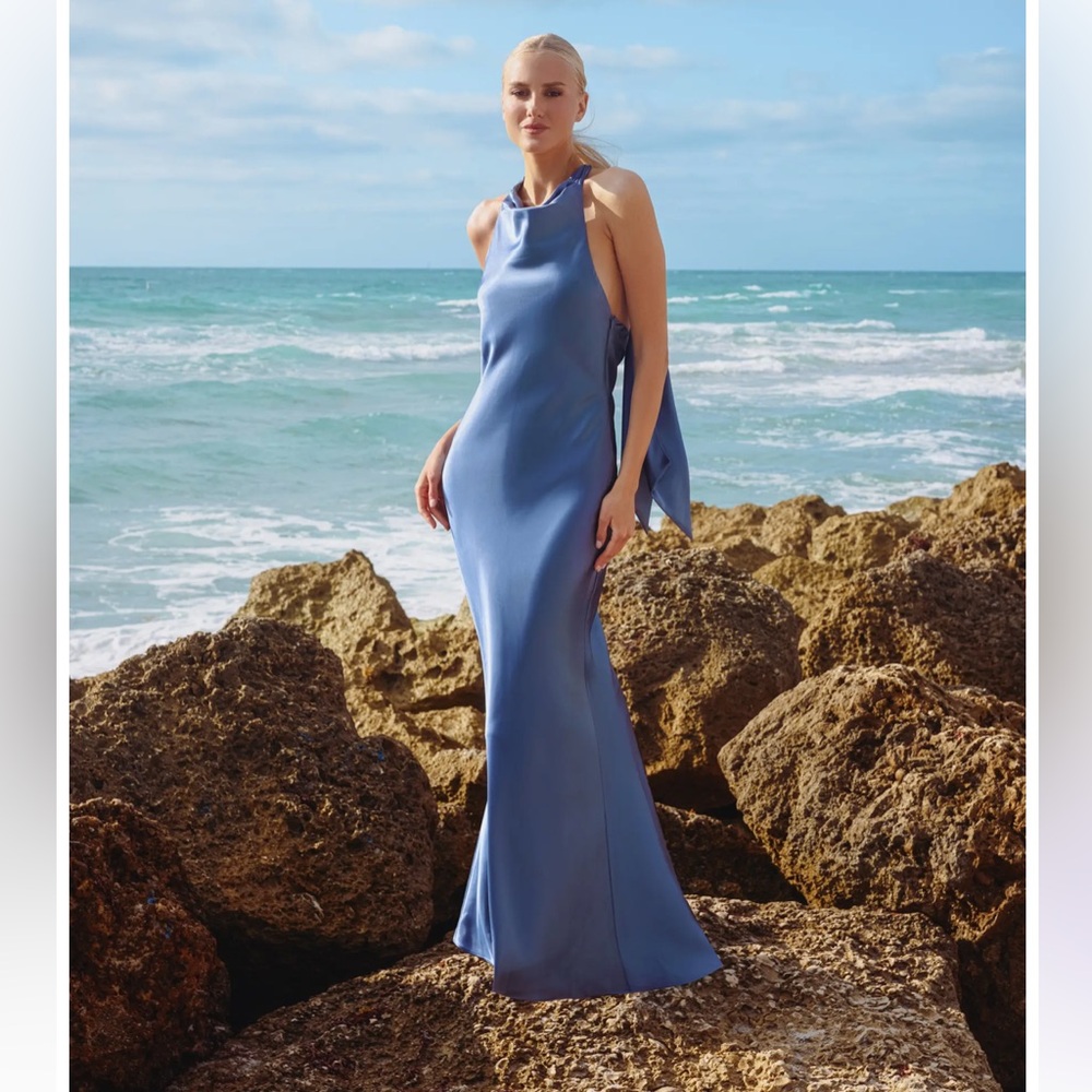 Betsy & Adam Light Blue Satin Charmeuse Gown Halter Dress NWT